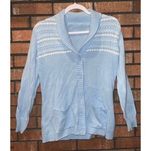 Vintage Womens Light Blue Shawl Collar Button Front Knit Cardigan Sweater